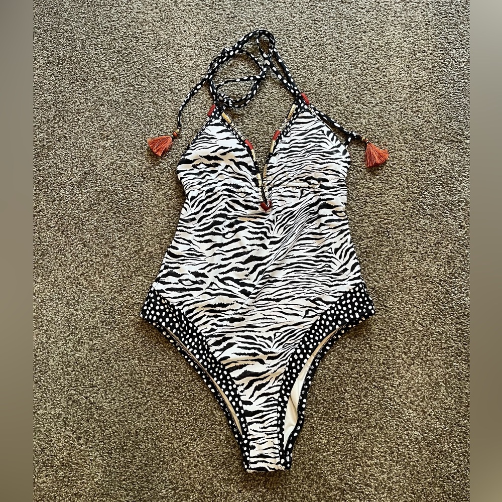 Victoria’s Secret Black & White with Orange & Gold Trim One Piece Bathing Suit.